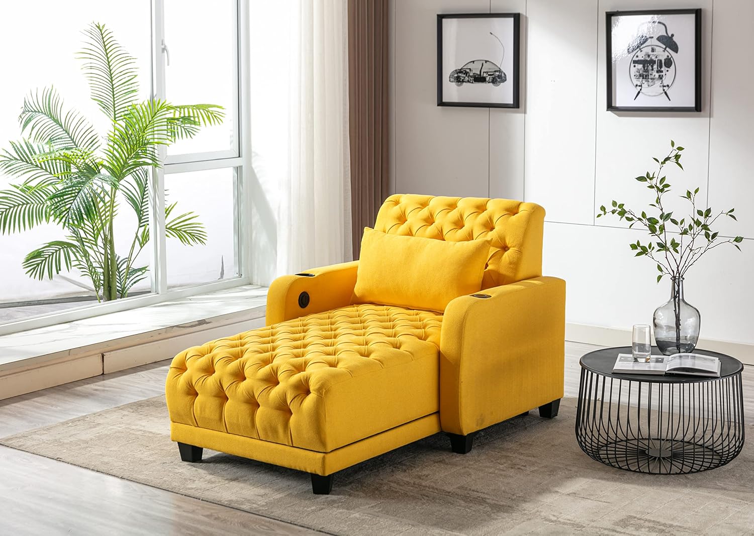 Casual Chaise Lounge Indoor, Button Tufted Upholstered Single Sofa Bed with Pillow, Adjustable Backrest Sleeper Couch Recliner Chair for Bedroom