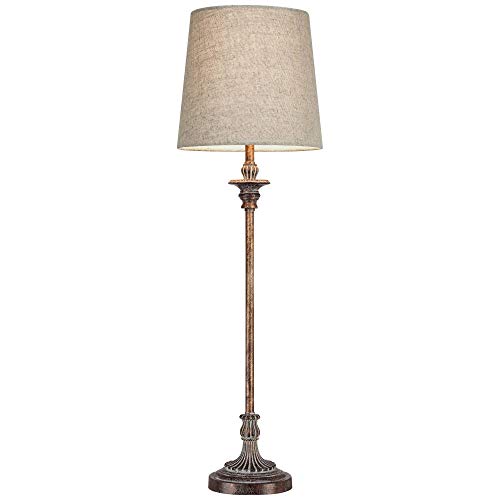 Regency Hill Bentley Traditional French Country Style Buffet Table Lamps 31.5" Tall Skinny Set of 2 Weathered Brown Ridged Linen Fabric Tapered Drum