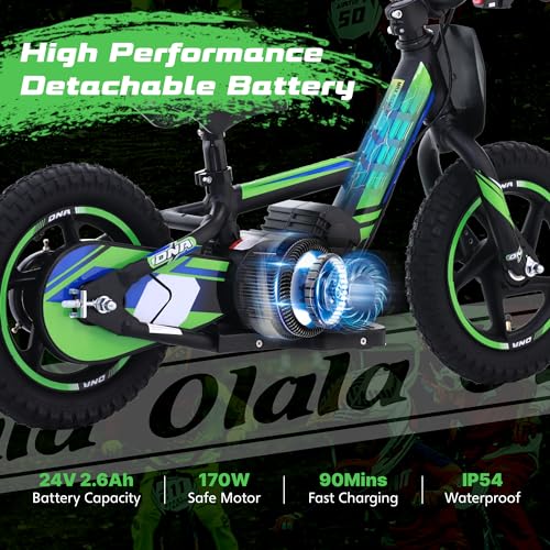 OLALA Electric Dirt Bike for Kids Aged 3-6, 170W Racing Grade Electric Motorcycle, New Aluminum Frame with 2 Power Modes, 24V Detachable Battery