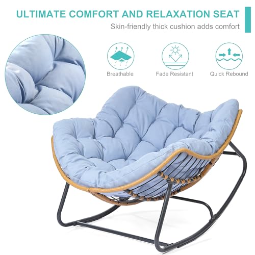 SWITTE Outdoor Rocking Chair, Oversized Patio Papasan Rocker, Comfy Wicker Reading Lounge, Indoor Egg Chair for Bedroom, Living Room, Porch, Garden
