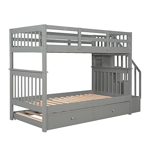 Harper & Bright Designs Twin Over Twin Bunk Bed with Stairs and Trundle, Solid Wood Stairway Bunk Bed Frame with Storage