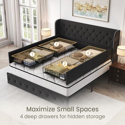 King Size Bed Frame with 4 Storage Drawers and Tufted Headboard Linen Upholstered Platform Bed Frame Wingback Beds with Wooden Slats Support