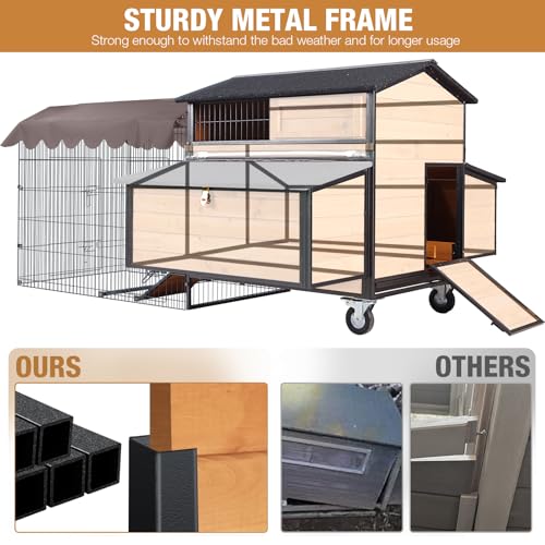 Chicken Coop Large Wooden Chicken Tractor for 6&ndash;8 Chickens, Outdoor Hen House with Metal Run Poultry Cage-Upgraded All Metal Frame
