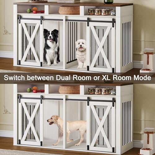63" Large Dog Crate Furniture for 2 Dogs, Farmhouse Style Dog Cage TV Stand with Sliding Door