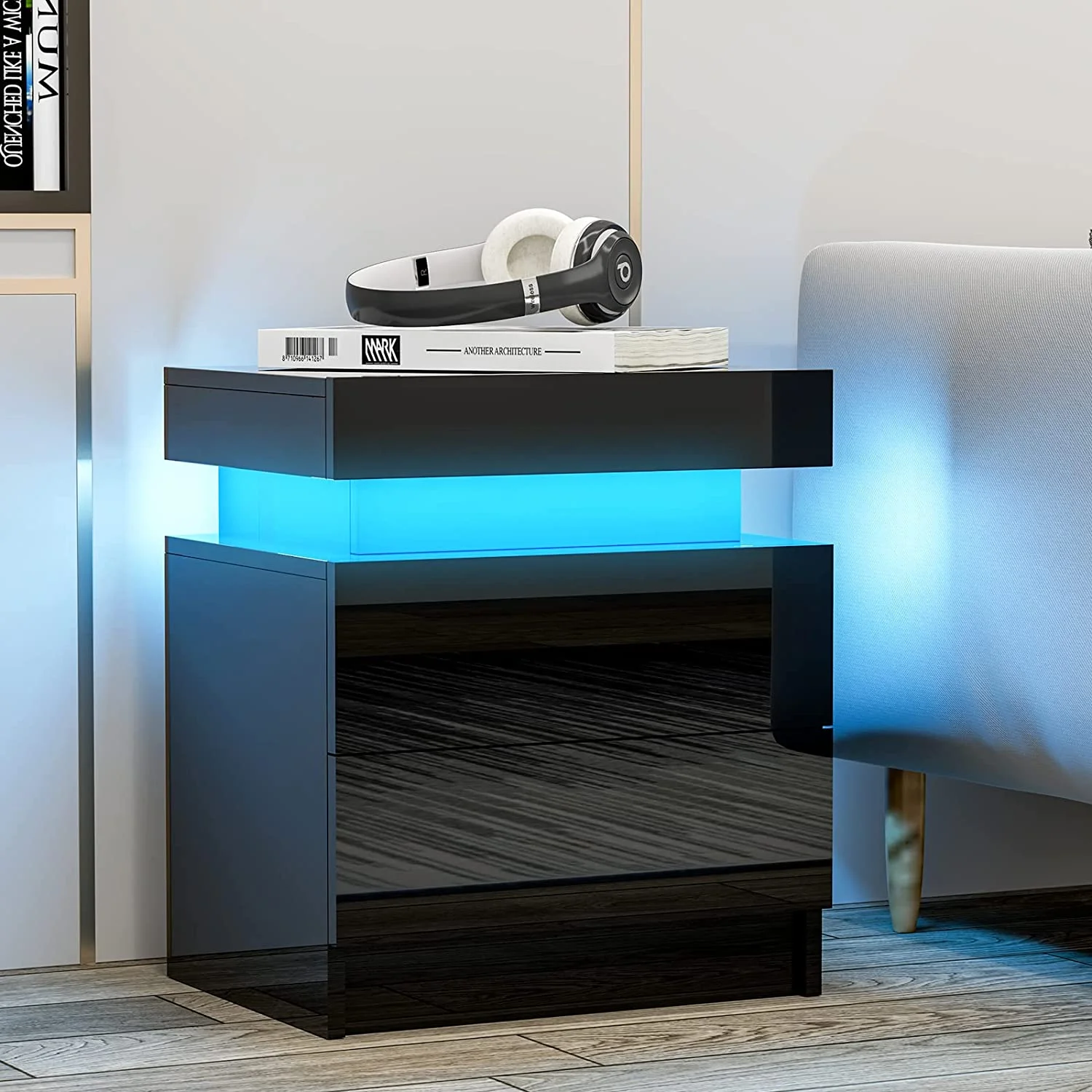 IKIFLY Black Modern LED Nightstand with 2 Drawers/High Gloss Bedside Tables with Changing LED Lights/End Side Table for Bedroom Living Room Furniture