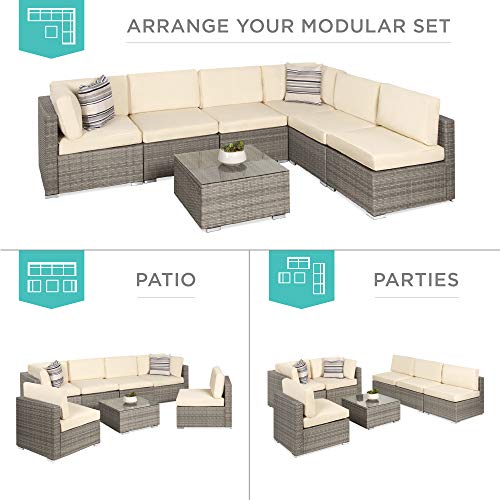 Best Choice Products 7-Piece Modular Outdoor Sectional Wicker Patio Conversation Set w/ 2 Pillows, Coffee Table, Cover Included - Gray/Navy