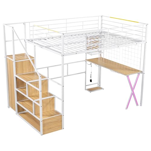 Modern Full Size Gaming Loft Bed with Built-in Desk and Storage Wardrobe, Wood Loft Bed Frame with Light Strip and 2 Drawers