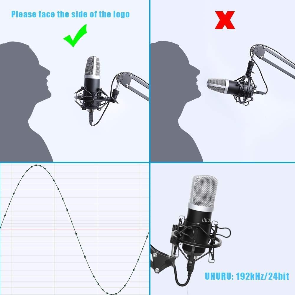 USB Podcast Condenser Microphone 192kHZ/24bit, UHURU Professional PC Streaming Cardioid Microphone Kit with Boom Arm, Shock Mount