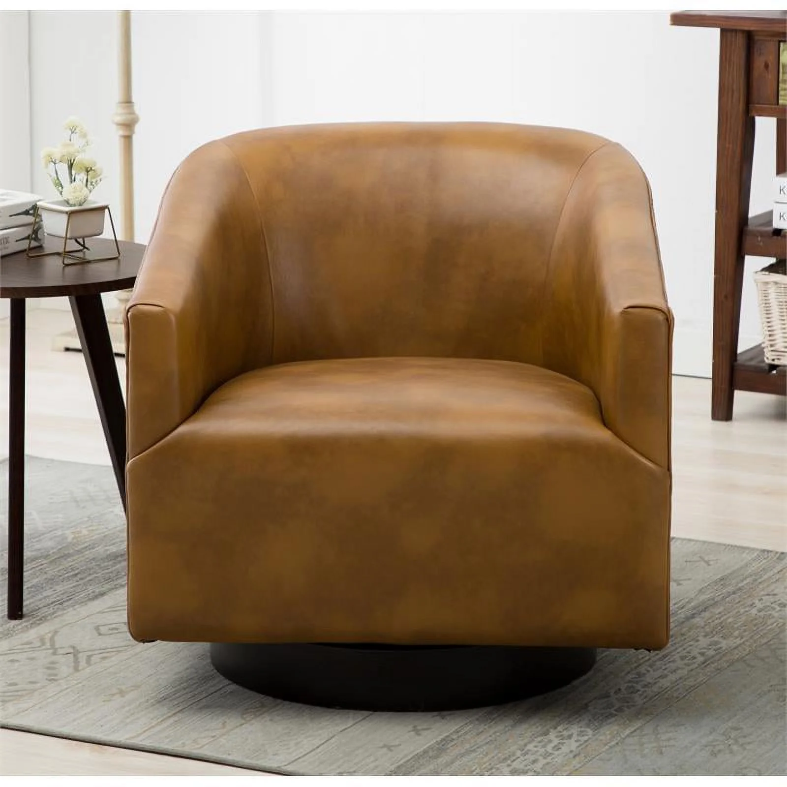 Home Square Wood Base and Faux Leather Swivel Chair in Camel Brown - Set of 2