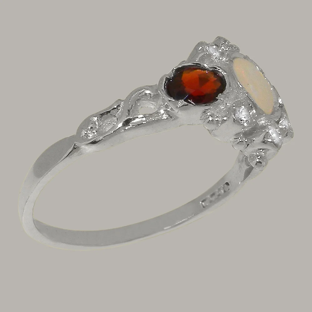LBG British Made 9k White Gold Natural Opal Garnet Cubic Zirconia Womens Statement Ring - 33 size options - Size 9.25
