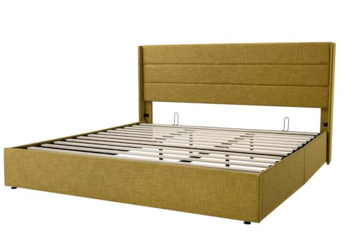 Allewie Full Size Lift Up Storage Bed, Modern Wingback Headboard, Hydraulic Support, No Box Spring Needed, Light Beige