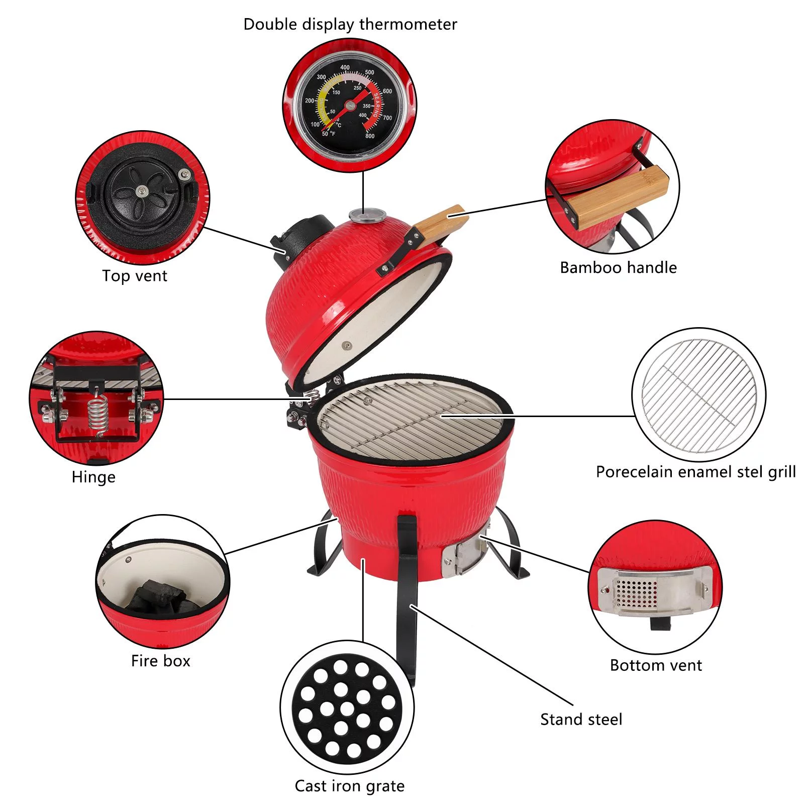 Winado 13in Charcoal Kamado Grill Ceramic Charcoal Grill for Outdoor Barbecue, Camping, BBQ Coal Grill Red