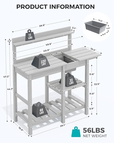 SERWALL Potting Bench Outdoor Potting Table with Sink, HDPE Potting Benches for Outside Gardening Table All Weather Use- Black