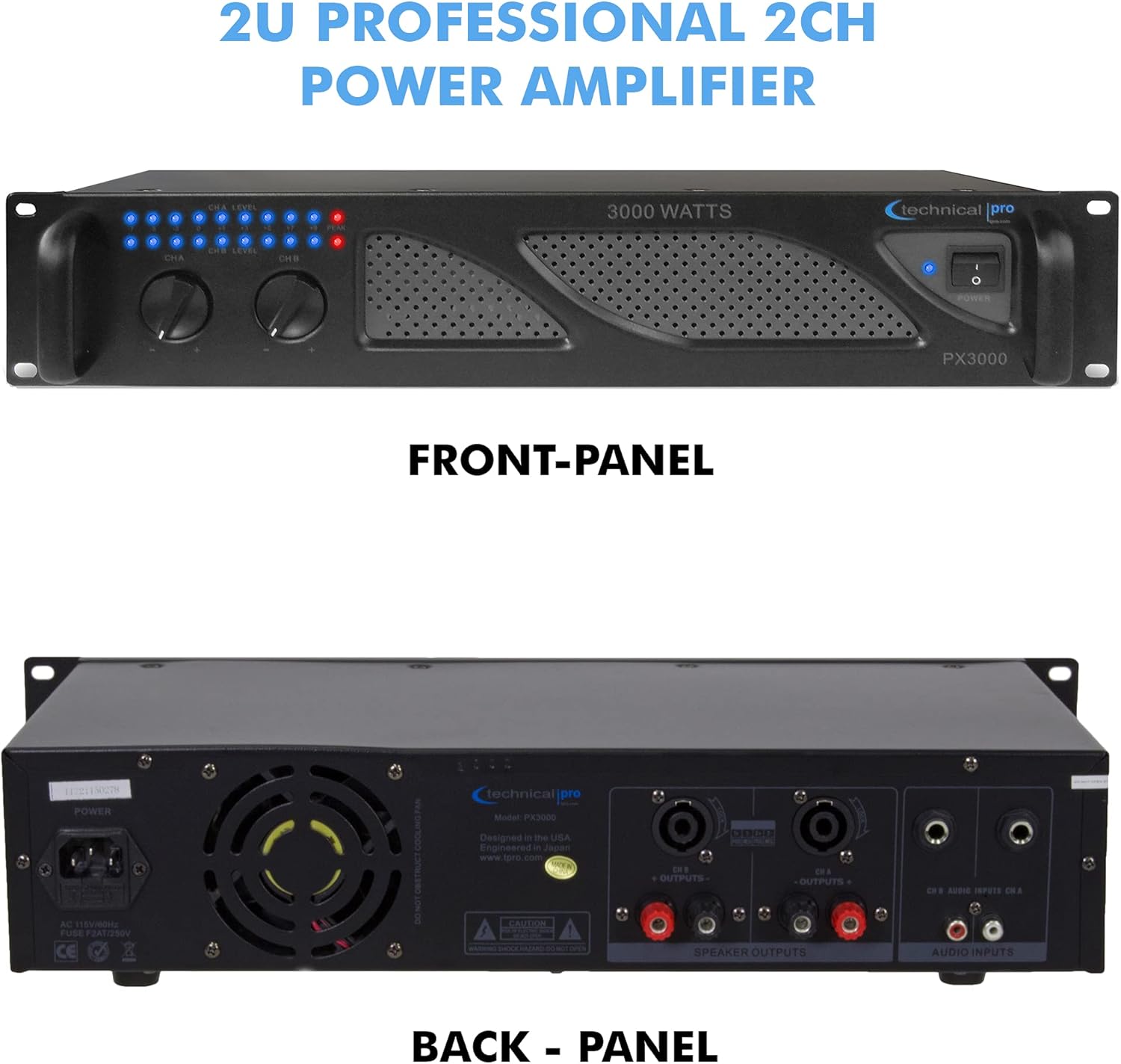 Technical Pro Professional 3000 Watts 2U 2-Channel DJ Power Amplifier with Dual Cooling Speed Fans and Integrated Power Stabilizer