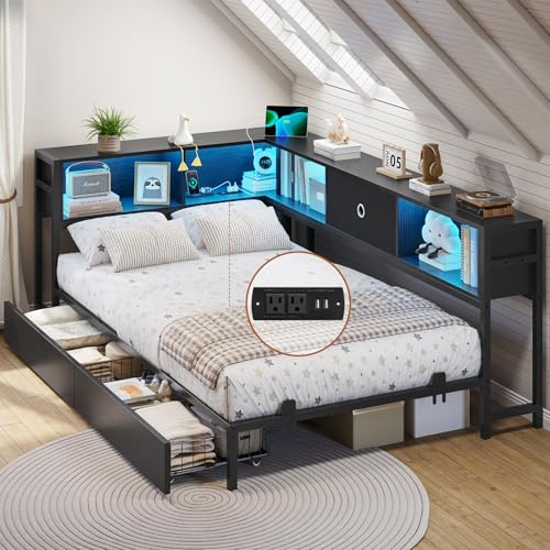 DICTAC Corner Full Bed Frame with Bookcase Storage and Led Lights Full Size Metal Platform Bed Frame with Storage Drawers & Charging Station Full
