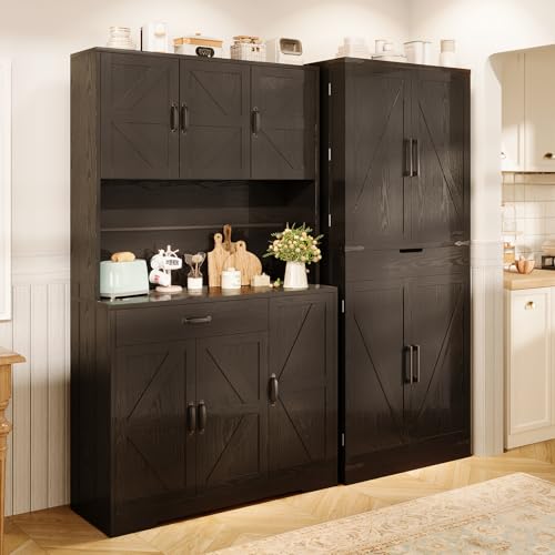 72" Tall Storage Cabinet, Kitchen Pantry Cabinet with Adjustable Shelves & Sturdy Steel Frame, Farmhouse Pantry Storage with 4 Barn Doors for Kitchen