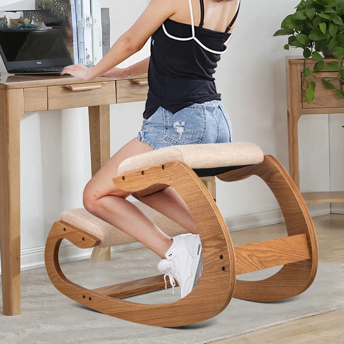 Posture Home Ergonomic Improving Body Kneeling Chair Stool W/ Thick Cushion Office Chair Rocking Wood Knee Computer Chair