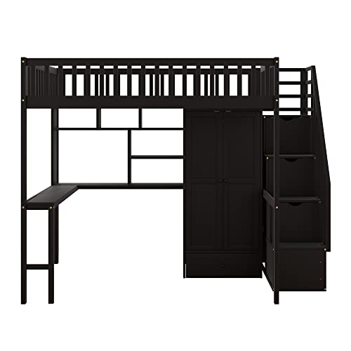 Twin Loft Bed with Staircase, Desk and Wardrobe, Wood Loft Bed with Storage Shelves and Safety Guardrail