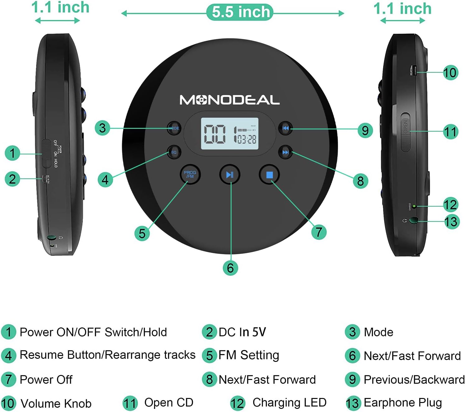 CD Player Portable, MONODEAL Portable CD Player with FM Transmitter