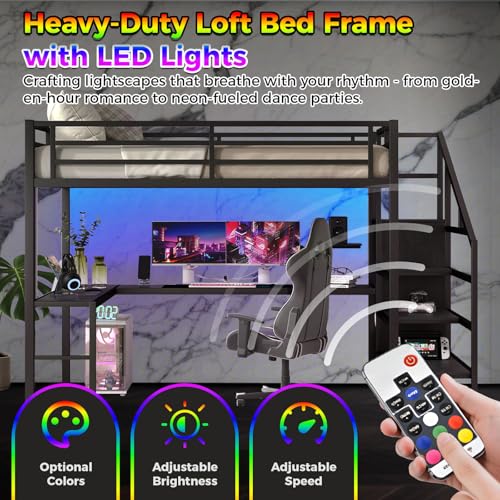 Full Size Metal Loft Bed Heavy-Duty Loft Bed Frame, LED Loft Bed Frame with L Shaped Desk, Wardrobe, Storage Stairs
