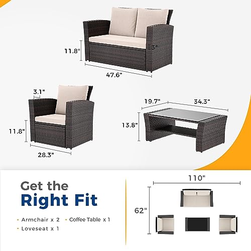 Wisteria Lane 4 Piece Outdoor Patio Furniture Sets, Wicker Conversation Set for Porch Deck, Gray Rattan Sofa Chair with Cushion