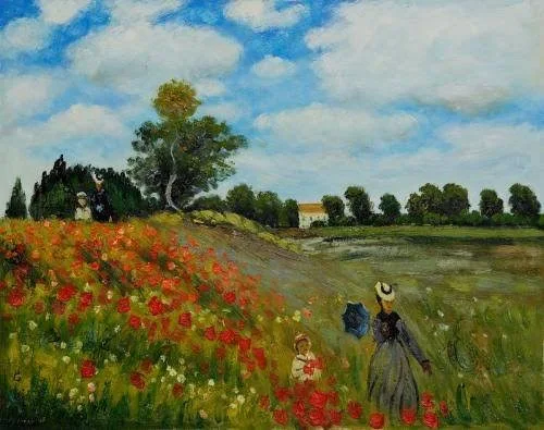La Pastiche Claude Monet &Poppy Field in Argenteuil& Hand Painted Framed Oil Reproduction on Canvas