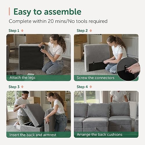 HONBAY Modular Sofa Sectional Sleeper Couch with Ottomans Reversible Sleeper Sectional Sofa Modular Couch with Storage, Aqua Blue