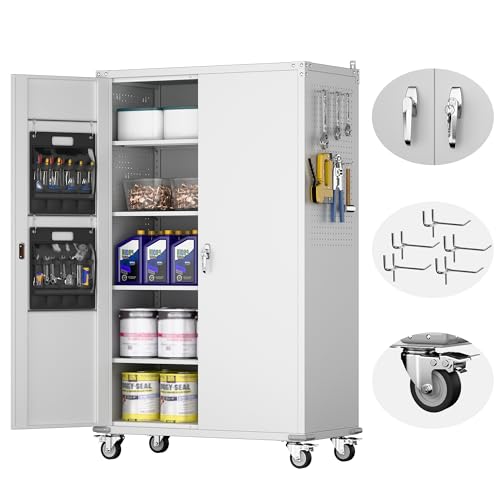 Garage Storage Cabinet with Wheels & Pegboard, 72" H Locking Metal Storage Cabinet with Doors and 4 Adjustable Shelves for Garage Workshop Home