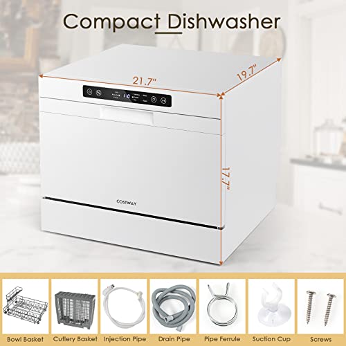 COSTWAY Countertop Dishwasher, 6 Place Settings Built-in Dishwasher with 72 H Preserve, Air Dry Function, LED Touch Control and 5 Washing Programs