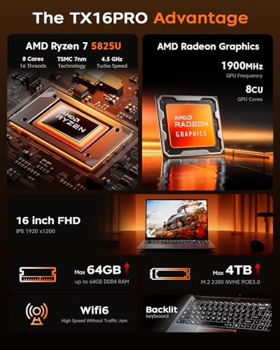 2025 Gaming Laptop, 16.0inch Laptop Computer with AMD Ryzen 7 5825U(8C/16T, Up to 4.5GHz), 16GB RAM 512GB NVMe SSD Windows 11 Laptop