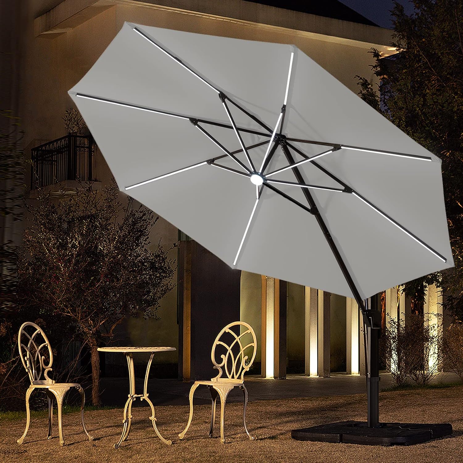 BLUU 10 FT Solar Cantilever Umbrella LED Patio Outdoor Umbrella Aluminum Offset Umbrella with 14 Strip Lights and Center light