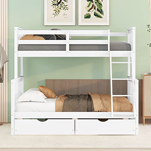 Ball & Cast Full Over Full Bunk Bed with Twin Size Trundle and Built in 4 Drawer,Wood Bunkbed w/Storage Ladder & Slat Support