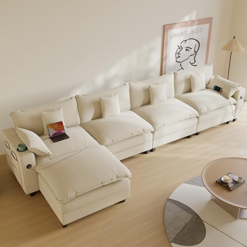 Modular Sectional Sofa, Cloud Couch with Ottoman, Charging Station, Throw Pillows, Cup Holders, Modern Convertible U Shaped Couches for Living Room