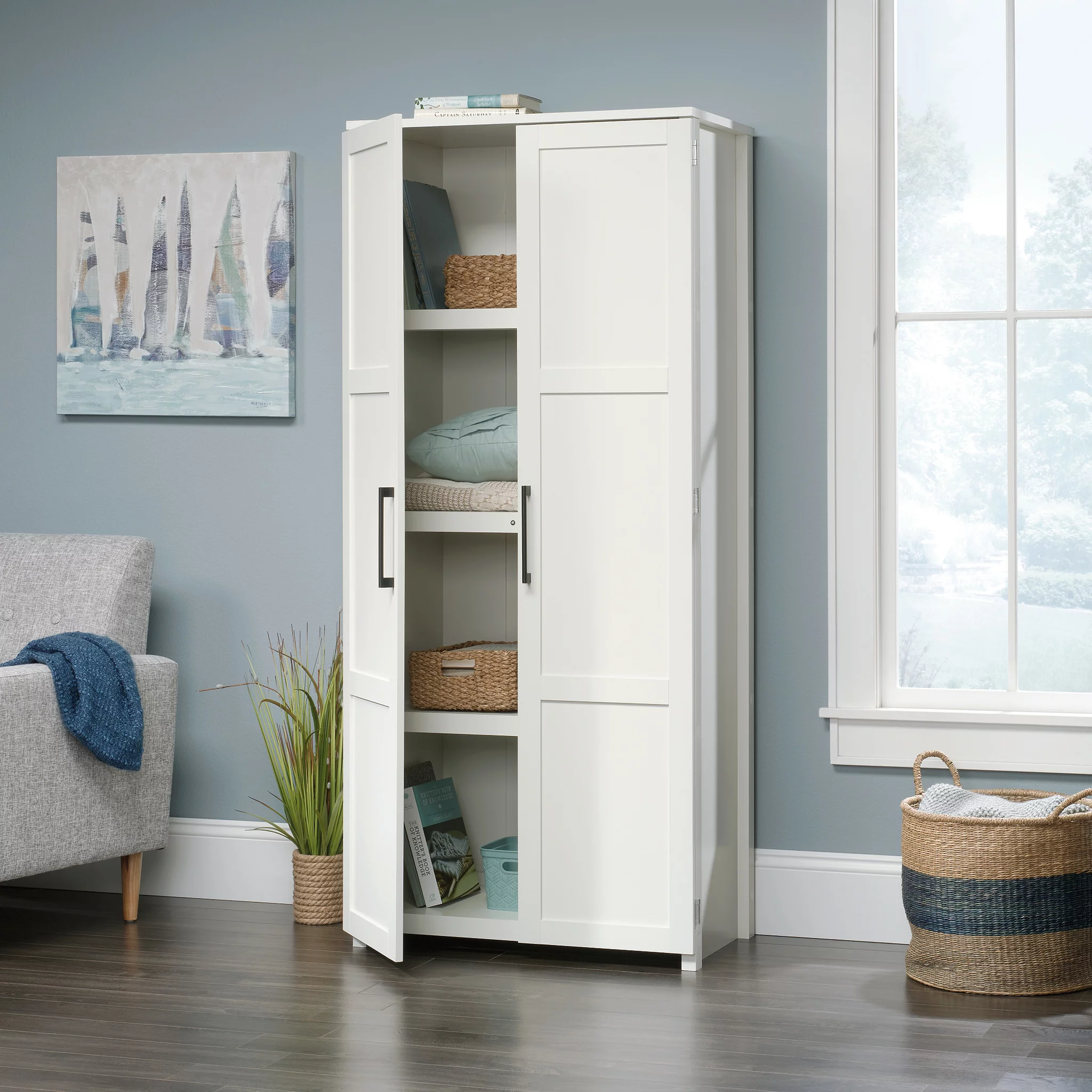 Sauder HomePlus 69" Tall 4-Shelf Wood Storage Cabinet, White Finish