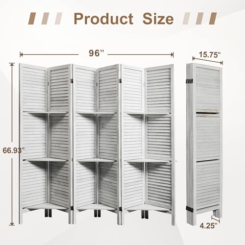 Osparple Room Divider with Shelves 6 Panel Wooden Folding Room Dividers Privacy Screen Wall Divider for Room Separation for Office and Apartment