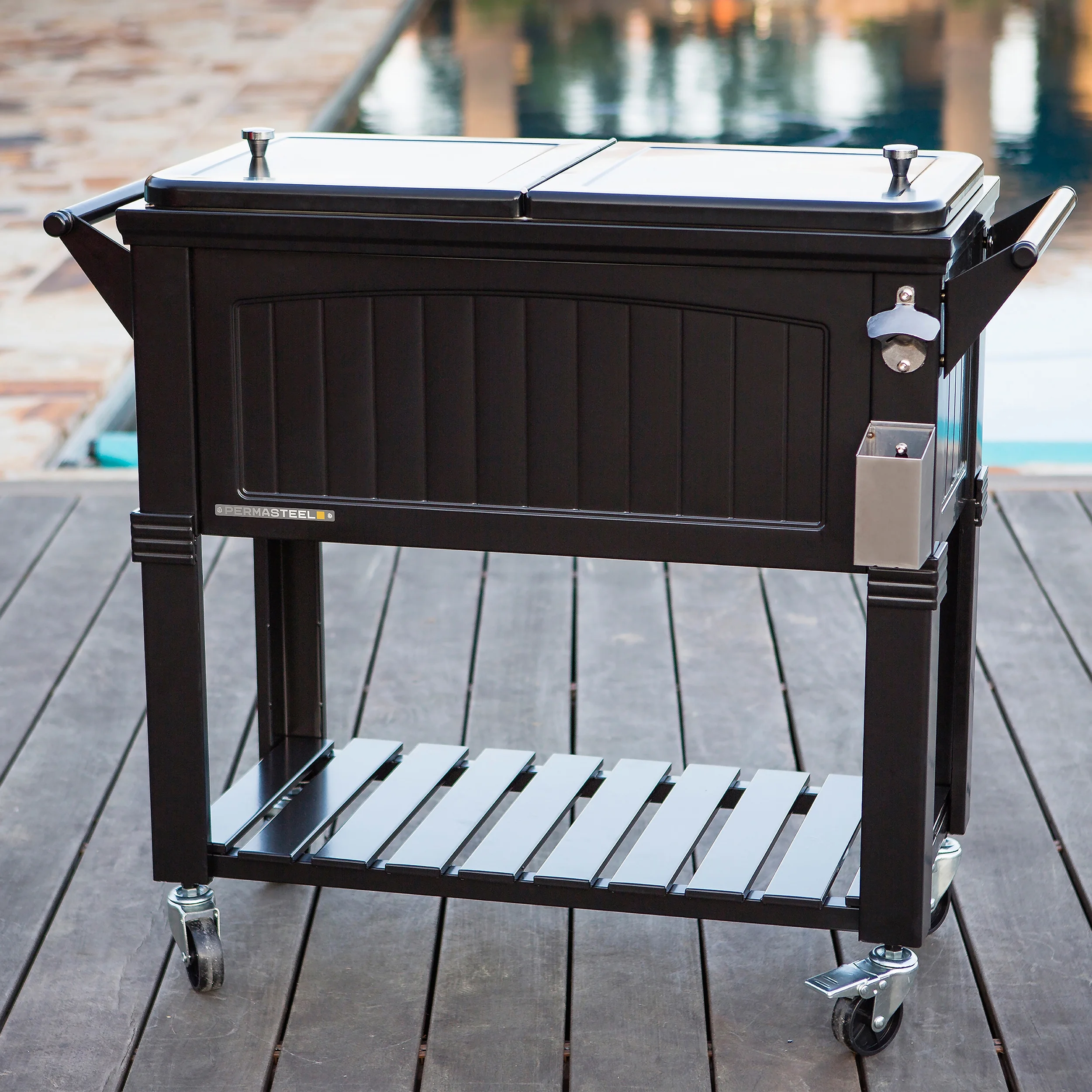 Permasteel 80-Qt Antique Outdoor Steel Patio Cooler on Wheels, Rolling Cooler Cart, Wooden Teak Style, Black