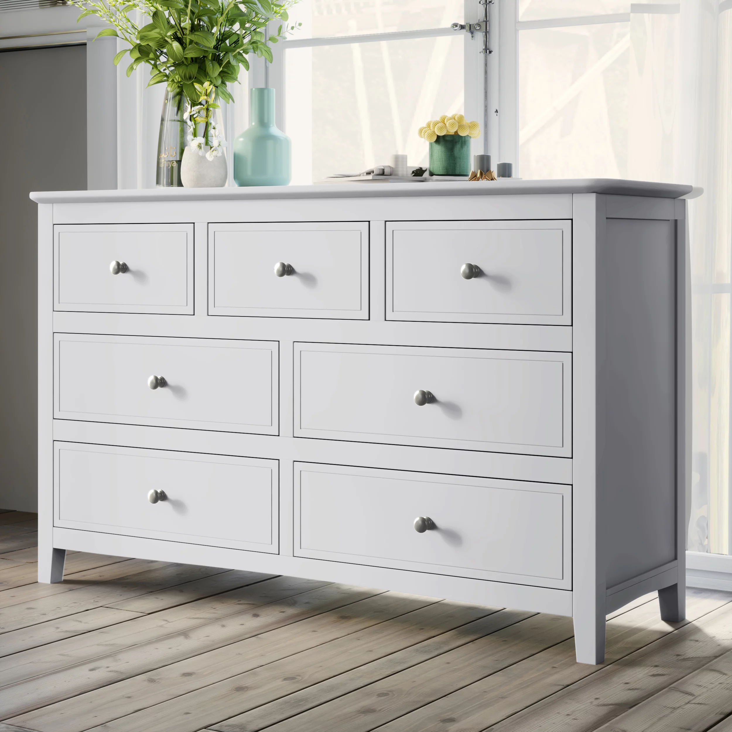 CoSoTower White Solid Wood 5 Pieces King Bedroom Sets(Bed+Nightstand*2+Chest+Dresser)