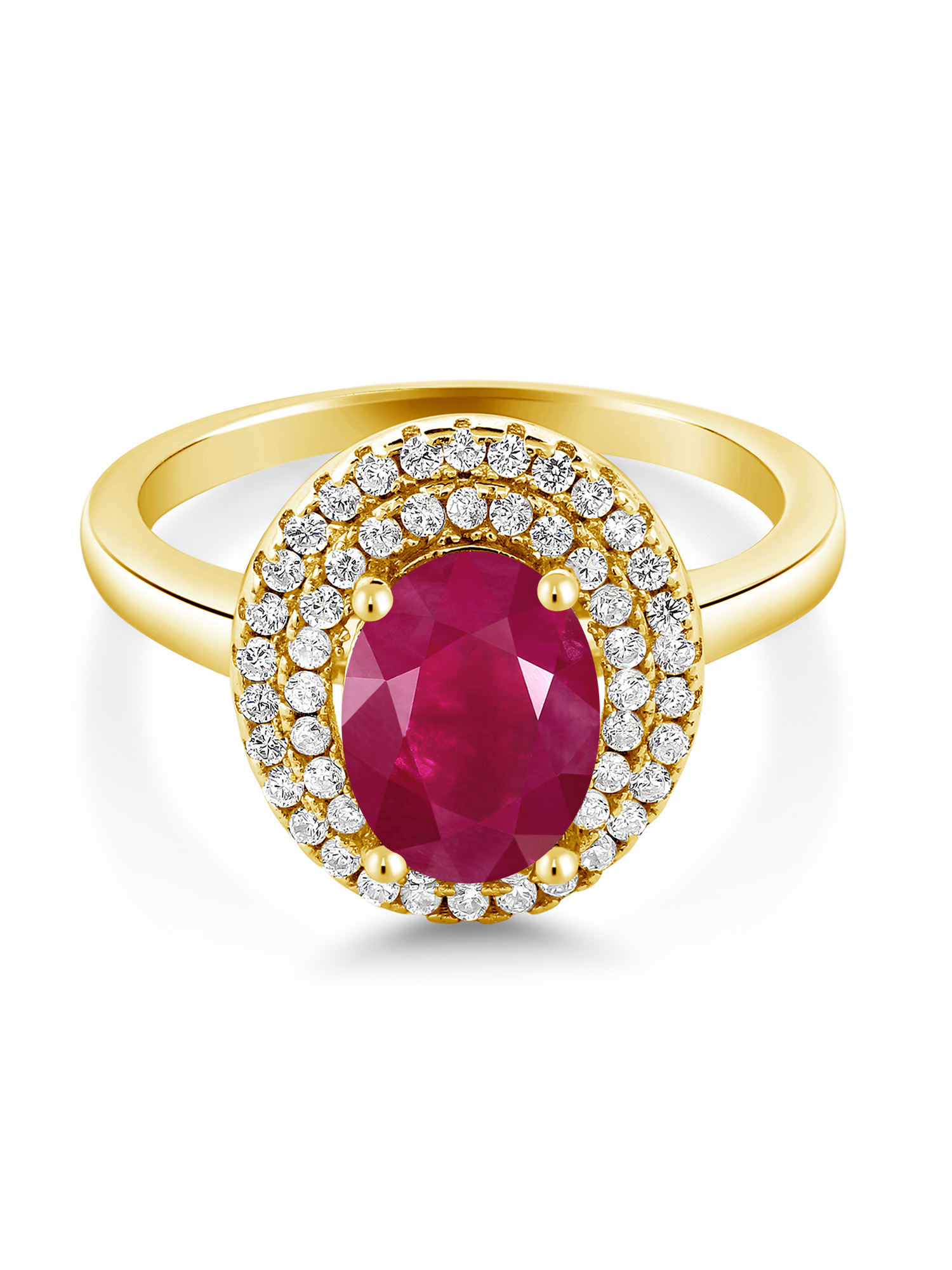 Gem Stone King 18K Yellow Gold Plated Silver Oval Red Ruby Halo Engagement Ring For Women (2.80 Cttw, Gemstone July Birthstone, Oval 8X6MM, Size 9)