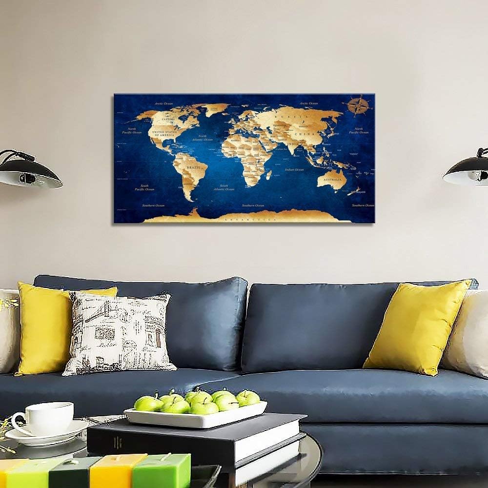 Wall Art blue map of the world Painting Ready to Hang -20 x 40 Pieces Large Framed wall art world Map Canvas Art Map wall decorations Artwork Prints