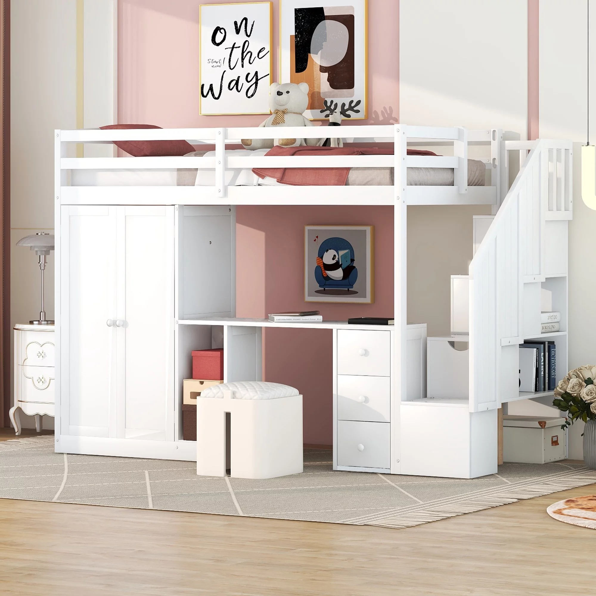 Bellemave Twin Size Loft Bed with Wardrobe and Staircase, Desk and Storage Drawers and Cabinet, Wood All-In-One Loft Bed Frame for Kids, Teens (White)