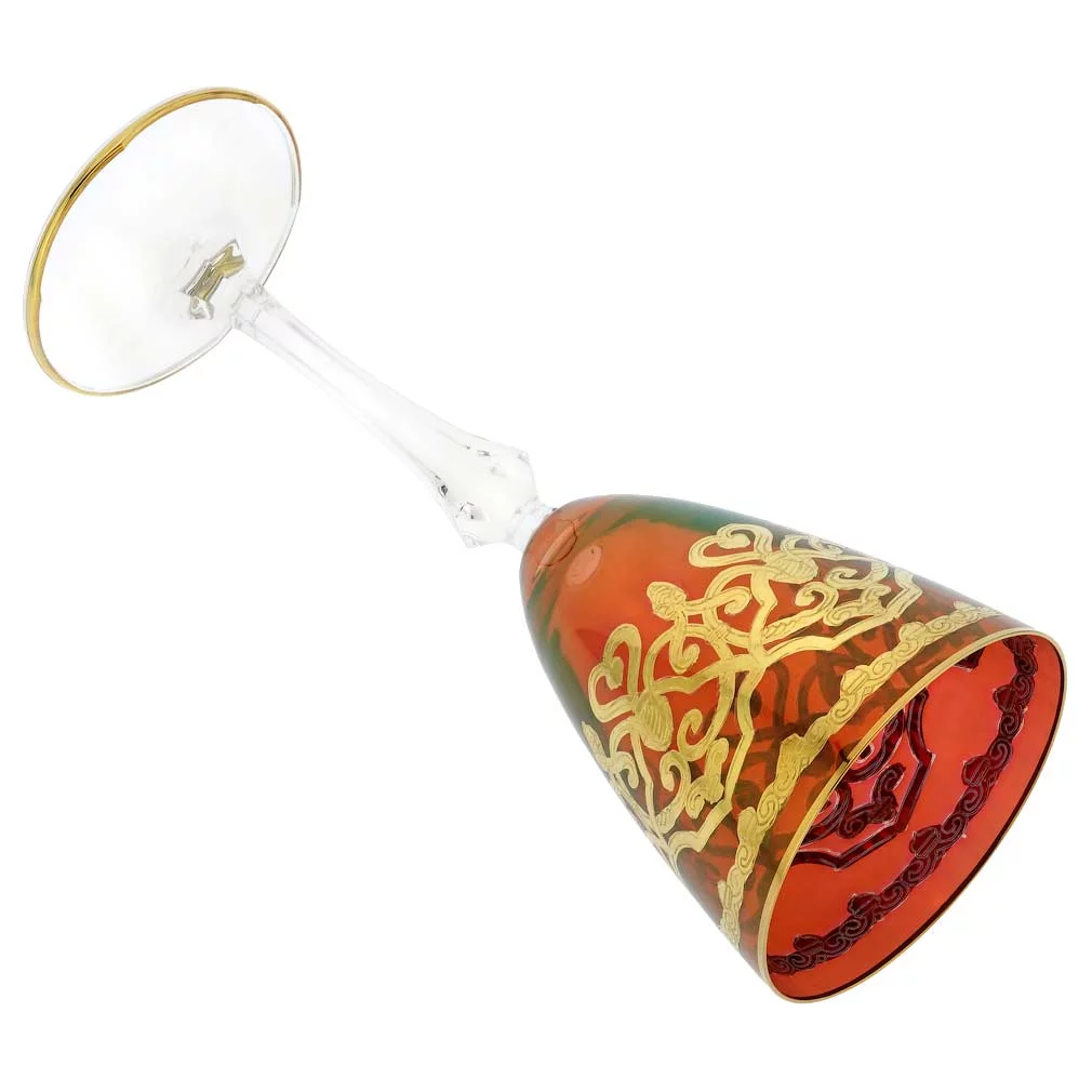 GlassOfVenice Set of Two Murano Glass Wine Glasses 24K Gold Leaf - Red