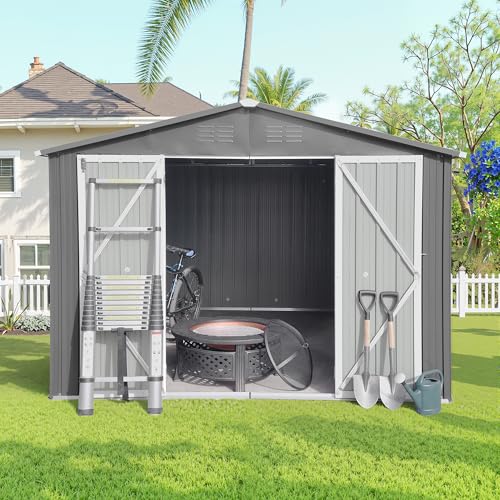 8x6 FT Outdoor Storage Shed, Metal Tool Shed with Lockable Doors, Peaked Roof & Frame Floor