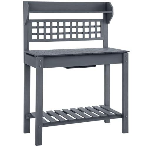 Outsunny Outdoor Potting Bench Table, Wooden Workstation with Sliding Tabletop, Storage Shelf and Dry Sink, for Greenhouse, Garden, Patio, Brown