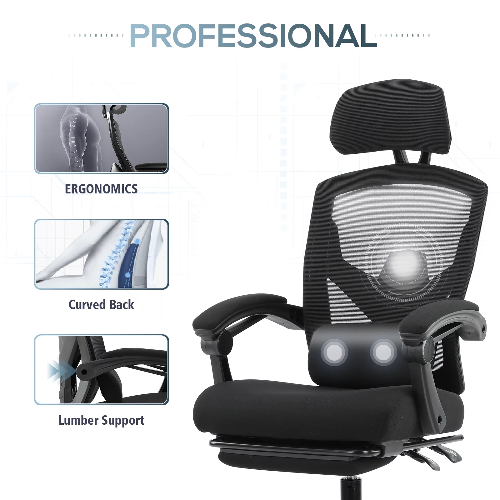 Colamy Office Ergonomic Mesh Black Computer Chair with Retractable Footrest and Head Support For Adult