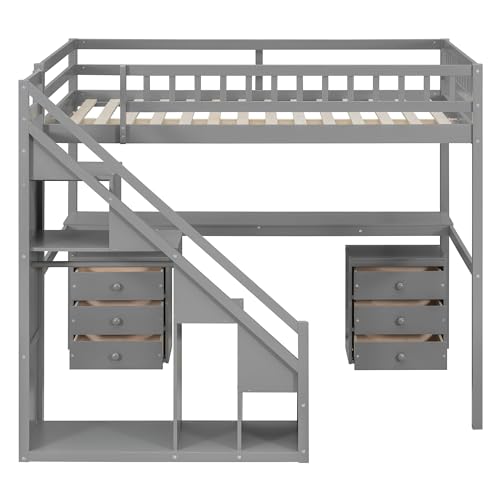 Modern Full Size Gaming Loft Bed with Built-in Desk and Storage Wardrobe, Wood Loft Bed Frame with Light Strip and 2 Drawers