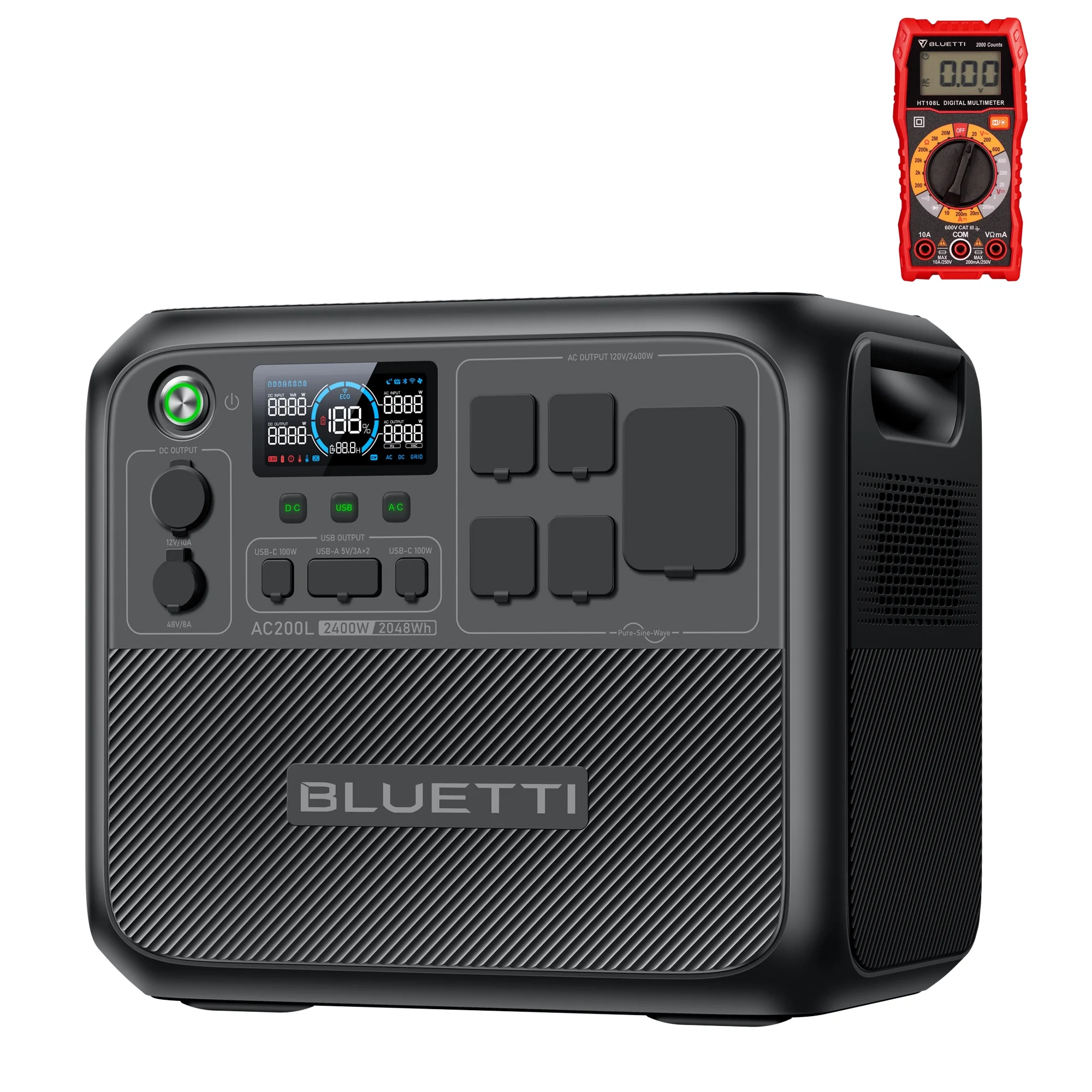 BLUETTI AC200L Portable Generator, 2048Wh Generator for Home Use, W/Multimeter,3600W Lifting Power, 2400W Portable Generator for Camping