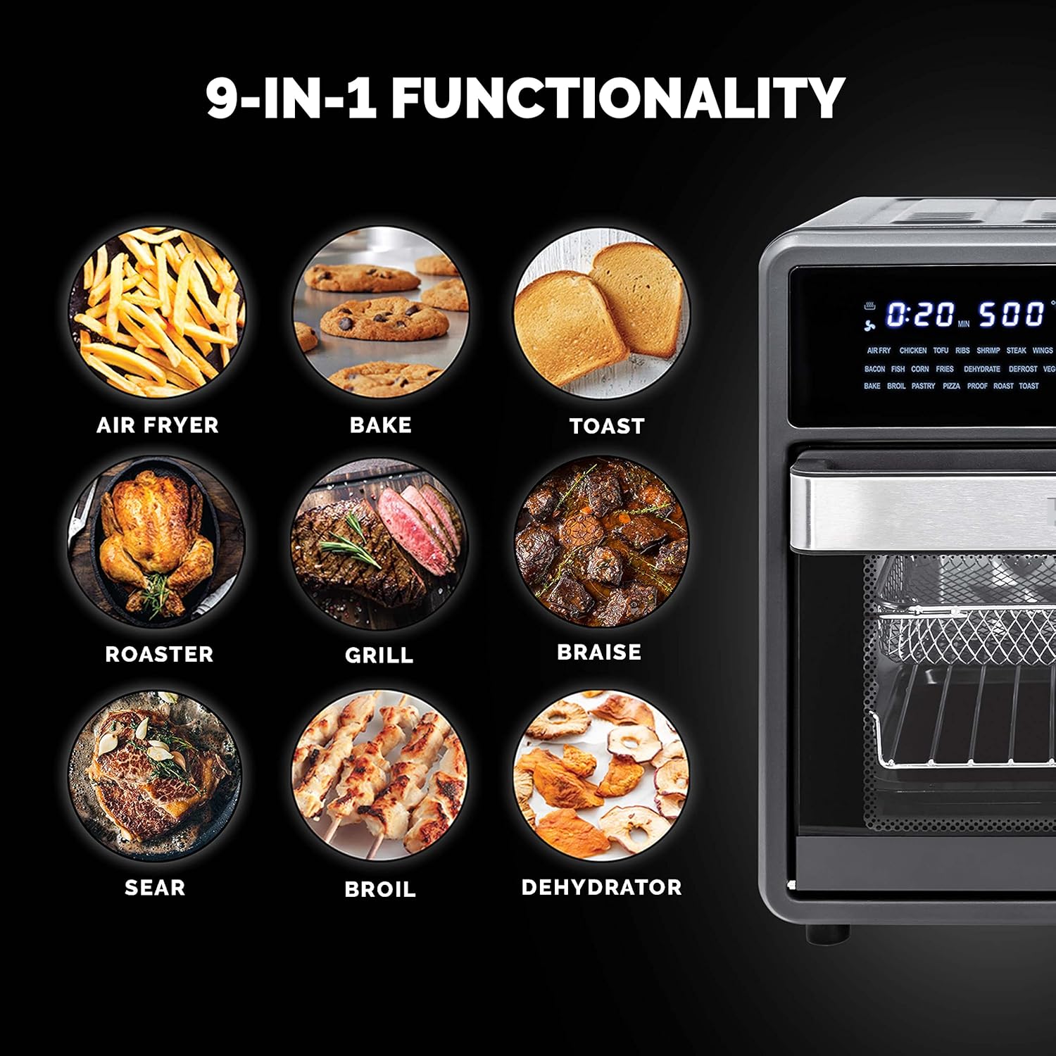 Kalorik MAXX® Touch 16 Quart Air Fryer Oven, 9-in-1 Air Fryer Toaster Oven Combo, 21 presets, 500°F, 5 Accessories, Recipe Book, 1600W