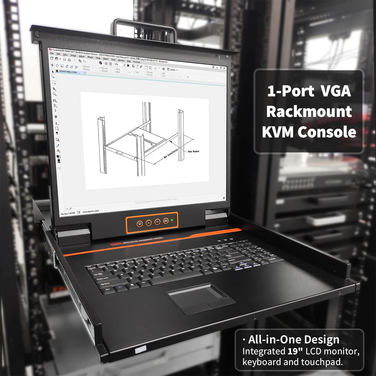 8-Port Rack Mount KVM Console with 19" LCD Monitor,Keyboard and Touchpad,VGA KVM Drawer w/Cables&Hardware