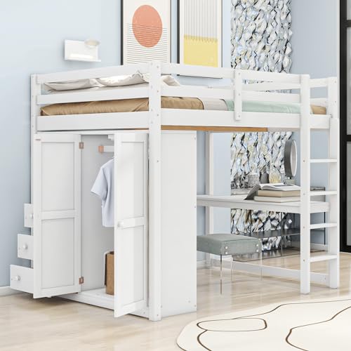 Full Size Loft Bed with Desk & Wardrobe, Solid Wood Kids Loft Bedframe w/3 Storage Drawers & 2 Shelves, Maximum Space Design, for Bedroom, Dorm, Gray