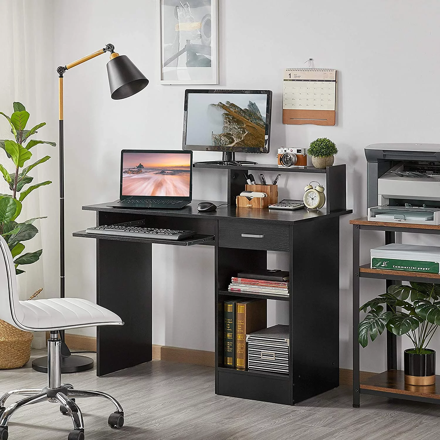 Home Office Wood Computer Desk with Keyboard Tray and Drawers, Students Writing Table with Storage Drawers & Hutch, Modern PC Laptop Desk